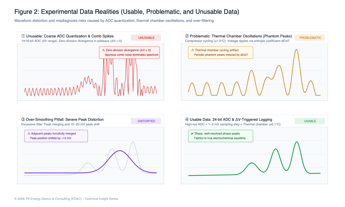 Figure 2: Experimental data quality realities and pitfalls in dQ/dV analysis